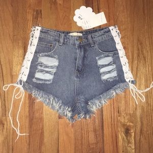 Lace up denim high waisted shorts